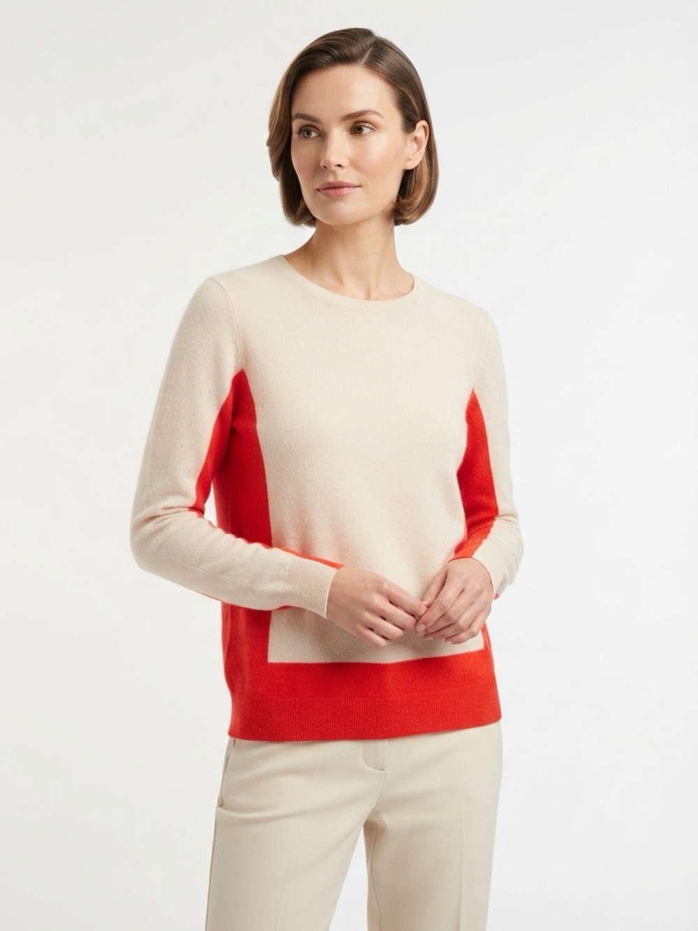 Boden 100% Cashmere Colorblock Crewneck Sweater Beige Orange US 12
